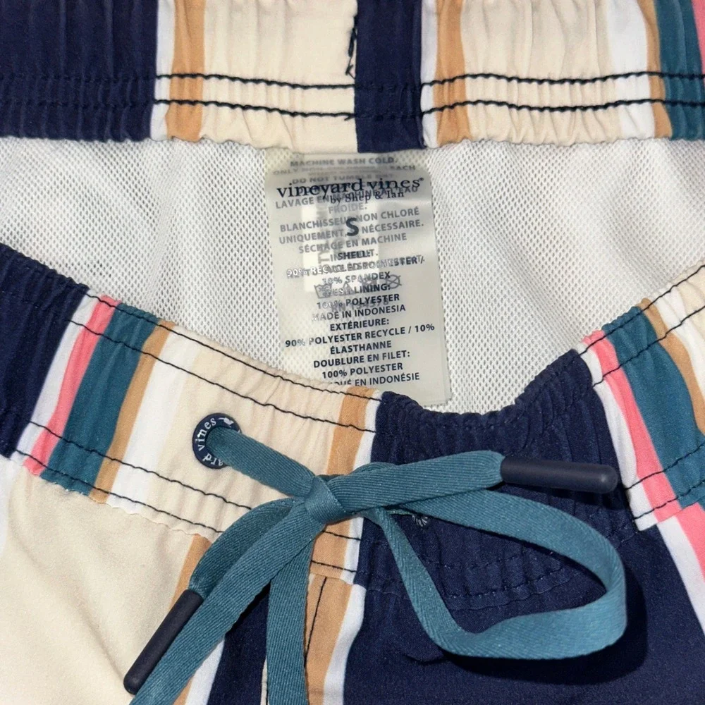 Vineyard Vines Mens Striped Swim Trunks Navy Pink Cream Board Shorts Small 7in